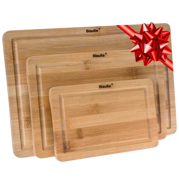 Bambus Schneidebrett Set – Holz Schneidebretter 3er Set – Brotbrett Frühstücksbrettchen und Servierbrett aus Holz – Professionelles Natur Antibakteriell Küchenbretter aus Bambus mit Saftrille