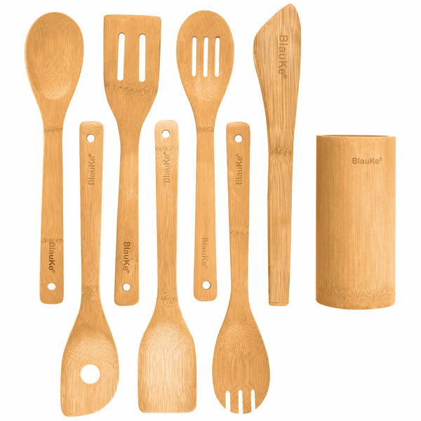Küchenhelfer Set aus Holz 8-teilig - Küchenutensilien Pfannenwender Set Holz - Kochlöffel Kochgeschirr mit Spatel, Schaumlöffel, Zange, Wender, Küchenutensilienhalter - Bambus Kochutensilien - BlauKe®