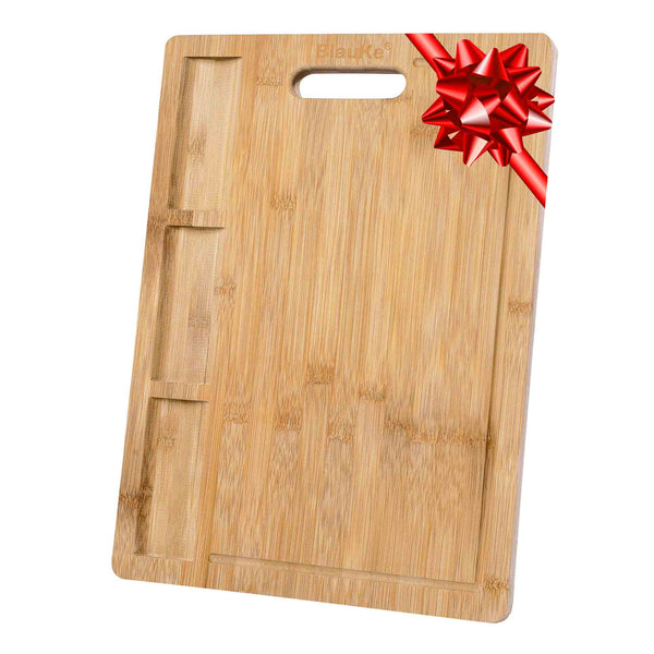 Schneidebrett aus Holz mit Saftrille und Eingebauten Ablagen (43x32cm) – Bambus Küchenbrett, Servierplatte für Fleisch, Käse, Gemüse, Wurst – Holzbrett für Küche Groß, Brotbrett, Frühstücksbrettchen
